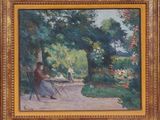 painting of a woman sitting at a table in a garden