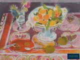 a painting of a bowl of fruit on a table