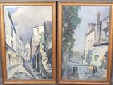 deux tableaux représentant une rue avec des immeubles et un banc devant ceux-ci