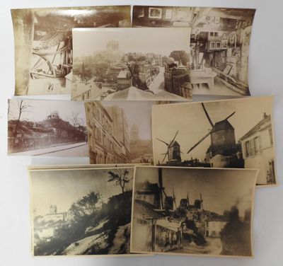 several old black and white photos of windmills and buildings