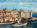 a painting of a boat in the water near a small town