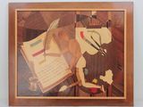 painting of a man sitting at a desk with a book and a pen