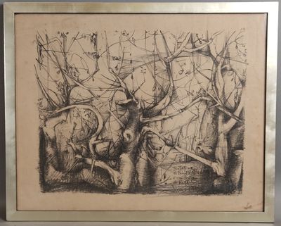 dessin représentant un cerf dans une zone boisée, avec des arbres en arrière-plan
