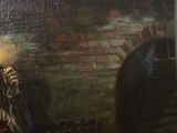 a painting of a man sitting on a chair in front of a fire hydrant