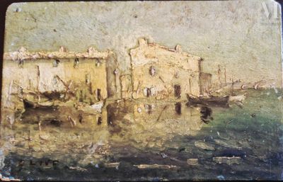 a picture of a painting of a city by the water