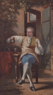 a painting of a man sitting at a table with a glass of wine