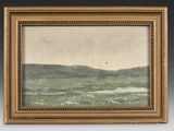 an old painting of a landscape with a boat in the water