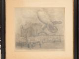 un vieux dessin représentant un oiseau survolant un immeuble