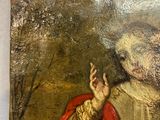 an image of a painting of a man in a red cloak holding a bird