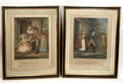 two framed prints of a couple of people standing next to each other