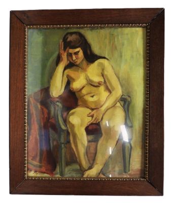 an oil painting of a nude woman sitting on a chair