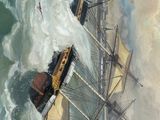 a painting of a boat in the water with a parachute attached to it