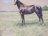 a painting of a horse standing in a field