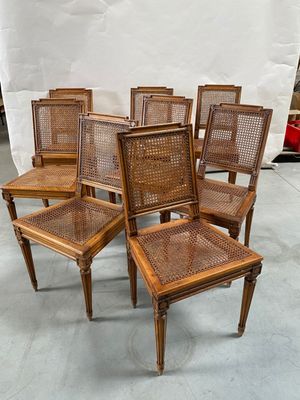 lot de six chaises de salle à manger avec dossier et assise en rotin