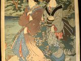 japanese woodblock painting of two women in traditional clothing walking by a river