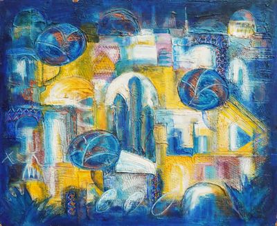 tableau représentant une œuvre abstraite bleue et jaune représentant un bâtiment
