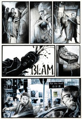 une image en noir et blanc tirée d'une bande dessinée, représentant un homme tenant un pistolet