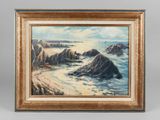 an oil painting of a beach scene with rocks in the foreground