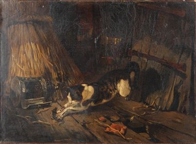 un tableau représentant un chien et un chat dans une pièce