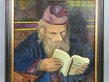 an oil painting of a man reading a book in a chair