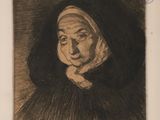 drawing of a woman in a black dress with a hood on her head