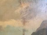 an oil painting of a sailboat on the water near a cliff
