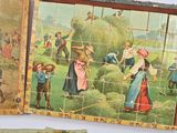two pictures of children playing in a field with hay