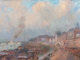 représentation d'un tableau représentant une ville, avec une rivière au premier plan et des bâtiments à l'arrière-plan