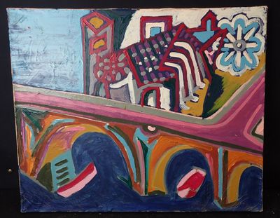a painting of a painting of a bridge with flowers on it