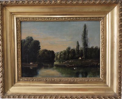 an oil painting of a river scene with a boat in the water
