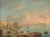 tableau représentant une vue d'un port avec des bateaux et des personnes sur le rivage