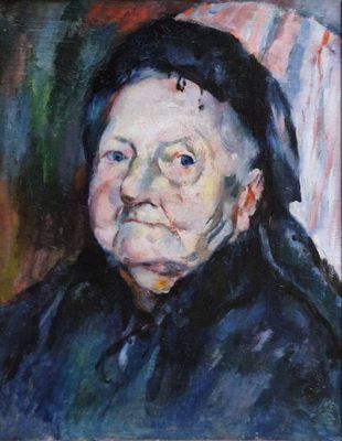 une peinture à l'huile représentant une vieille femme coiffée d'un chapeau noir
