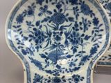 pair of blue and white plates with flowers on them on a table