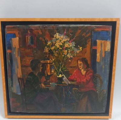 painting of two women sitting at a table with flowers in a vase