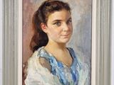 painting of a woman in a blue dress in a white frame