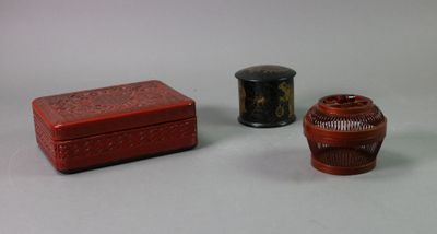 two small red and black boxes sitting next to each other on a table