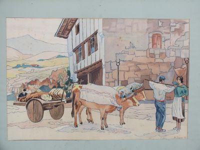 a picture of a painting of a man and a cow pulling a cart