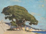 an image of a painting of a tree on a beach
