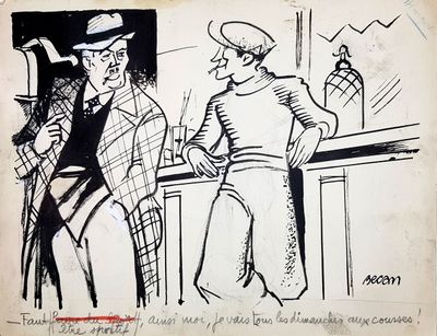 drawing of a man and a woman standing in front of a bar