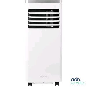 a white air conditioner sitting on top of a white table