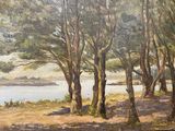 tableau représentant une vue sur une rivière avec des arbres au premier plan