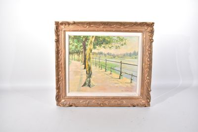 tableau encadré représentant une scène de parc avec un banc et un arbre