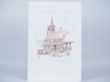 an image of a watercolor painting of a church with a steeple