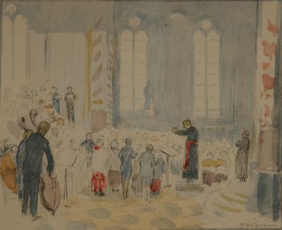 tableau représentant un groupe de personnes debout dans une grande pièce