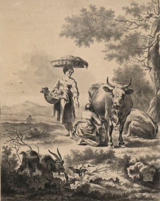 un dessin représentant une femme avec un panier sur la tête et deux vaches