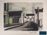 dessin représentant une scène de rue avec des bâtiments et un lampadaire