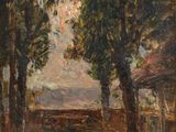 an oil painting of trees and a bench in a park