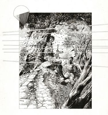 dessin représentant un homme armé dans un champ, près d'un arbre