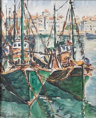 painting of boats docked in a harbor with buildings in the background