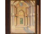 an oil painting of a doorway in a building with a green door